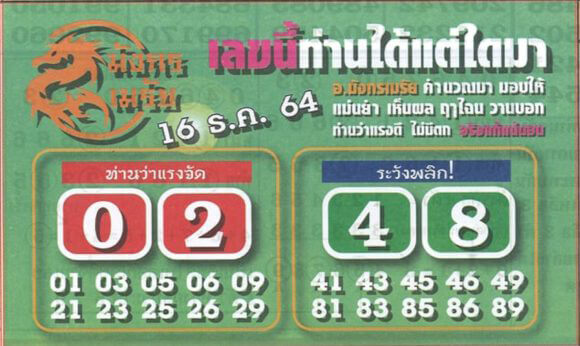 หวยมังกรเมรัย16/12/64