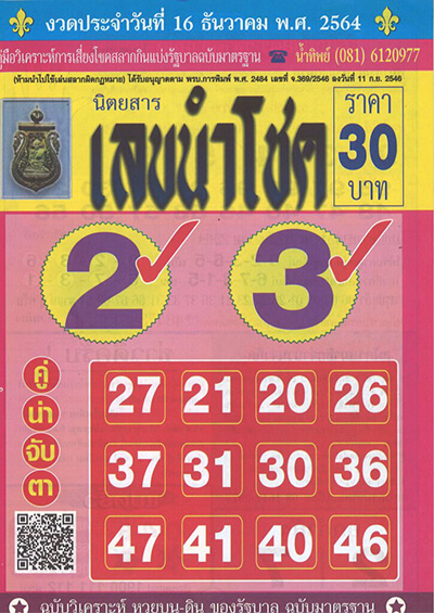 หวยเลขนำโชค16/12/64