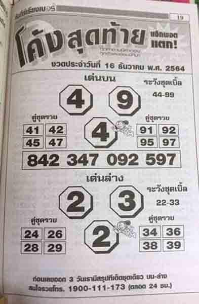 เลขเด็ดโค้งสุดท้าย16/12/64